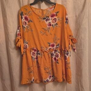 Orange and Pink Ruffled Tiered Blouse with Dolman Sleeves